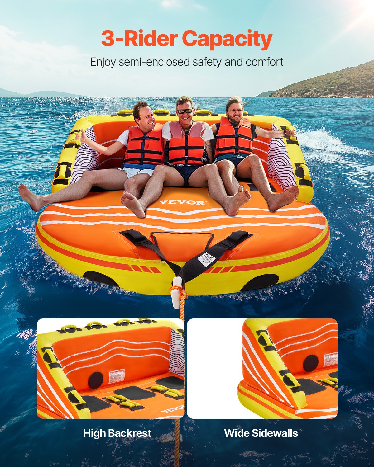 Towable Tube 1-3 Riders Inflatable 510lbs Nylon Cover 16 Handles Safety Valve