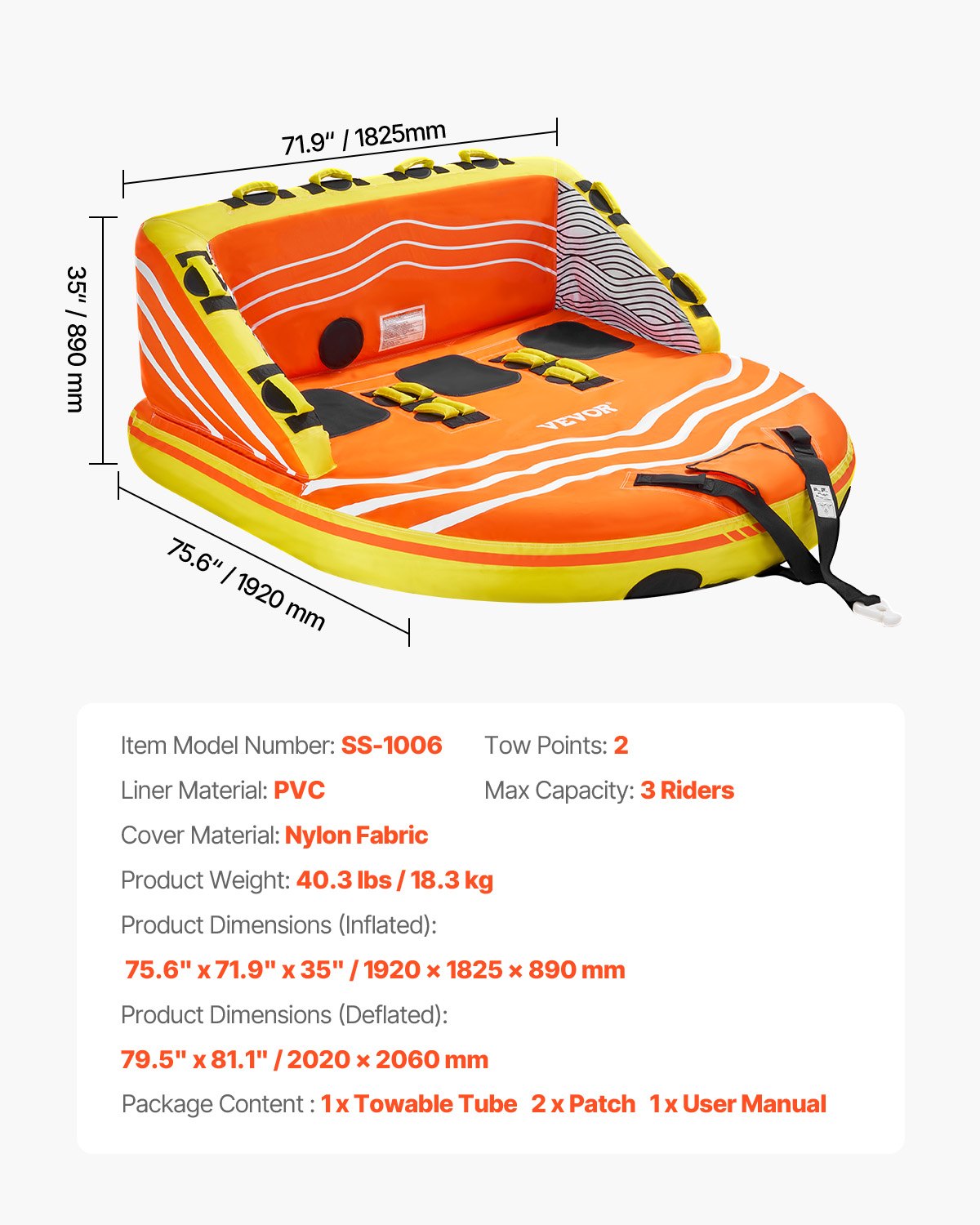 Towable Tube 1-3 Riders Inflatable 510lbs Nylon Cover 16 Handles Safety Valve