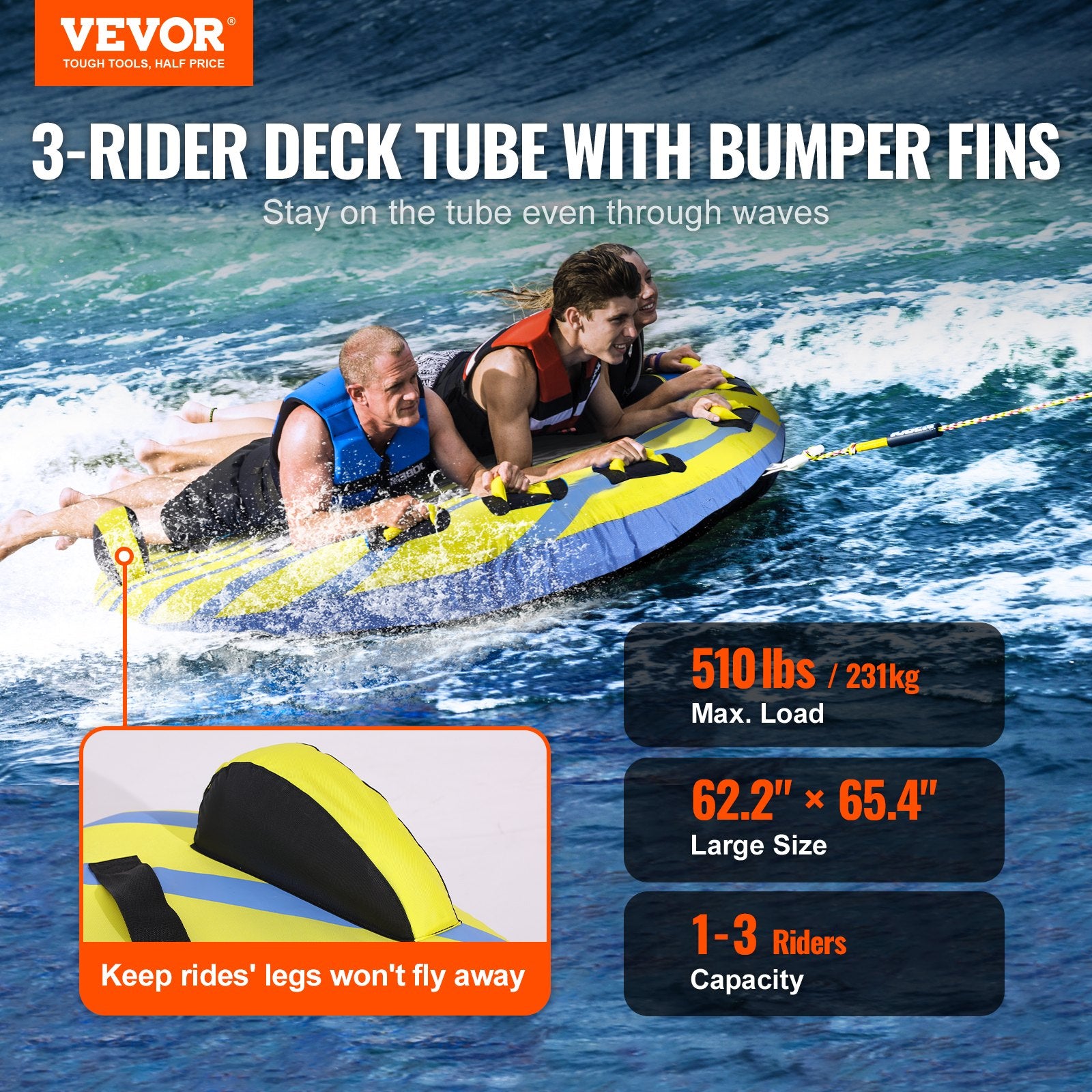 Inflatable Towable Tube for Boating 1-3 Riders with Fins and EVA Handle