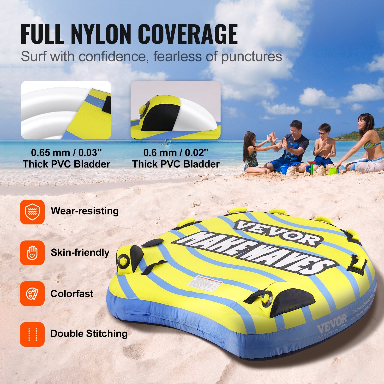 Inflatable Towable Tube for Boating 1-3 Riders with Fins and EVA Handle