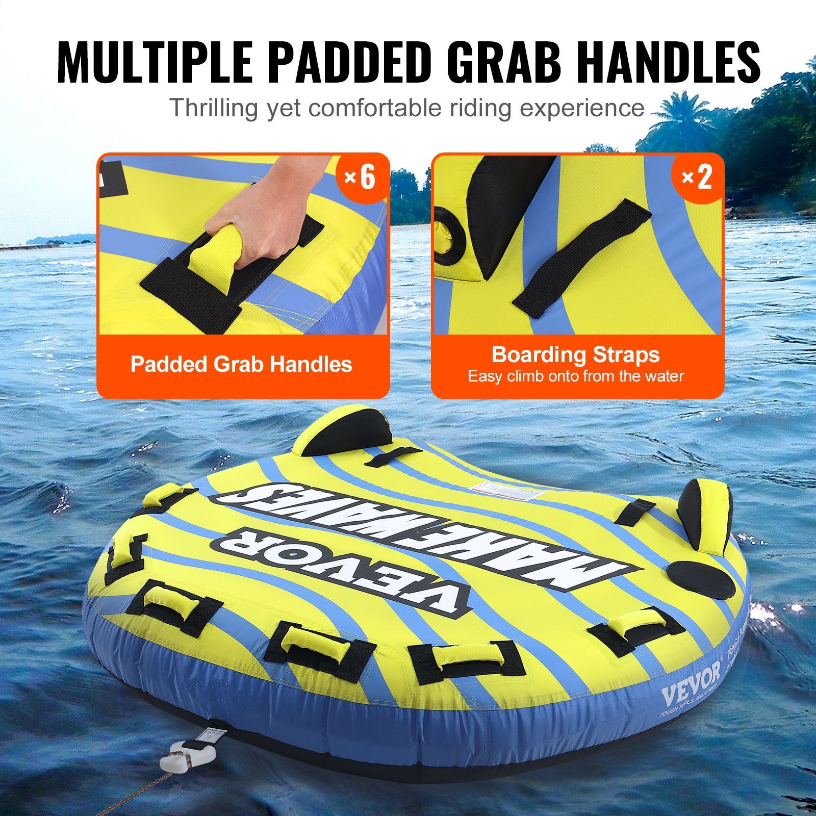 Inflatable Towable Tube for Boating 1-3 Riders with Fins and EVA Handle