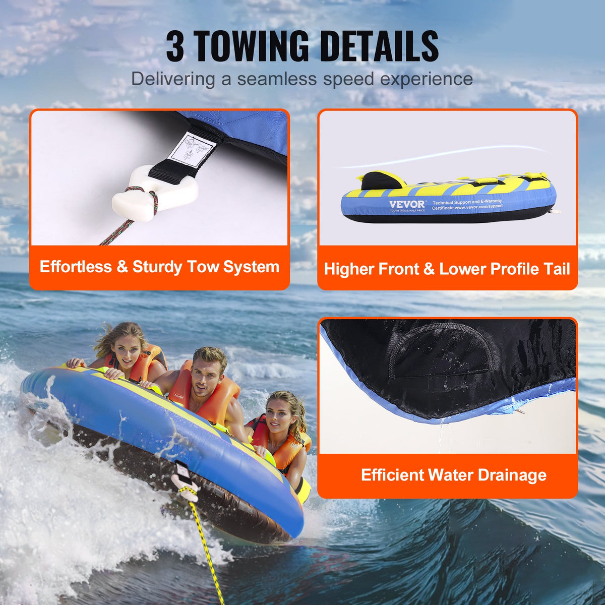 Inflatable Towable Tube for Boating 1-3 Riders with Fins and EVA Handle