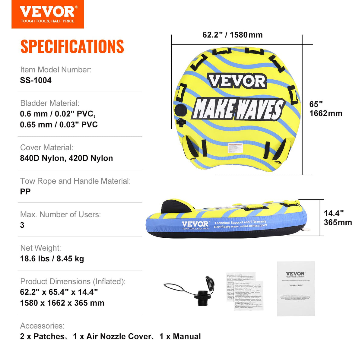 Inflatable Towable Tube for Boating 1-3 Riders with Fins and EVA Handle