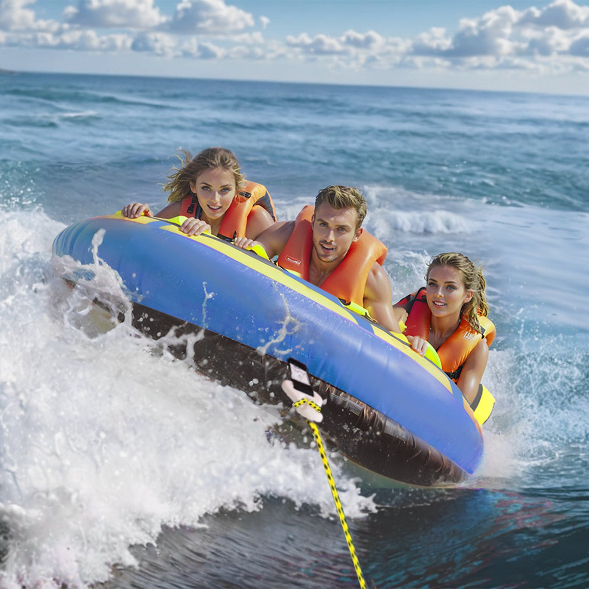 Inflatable Towable Tube for Boating 1-3 Riders with Fins and EVA Handle
