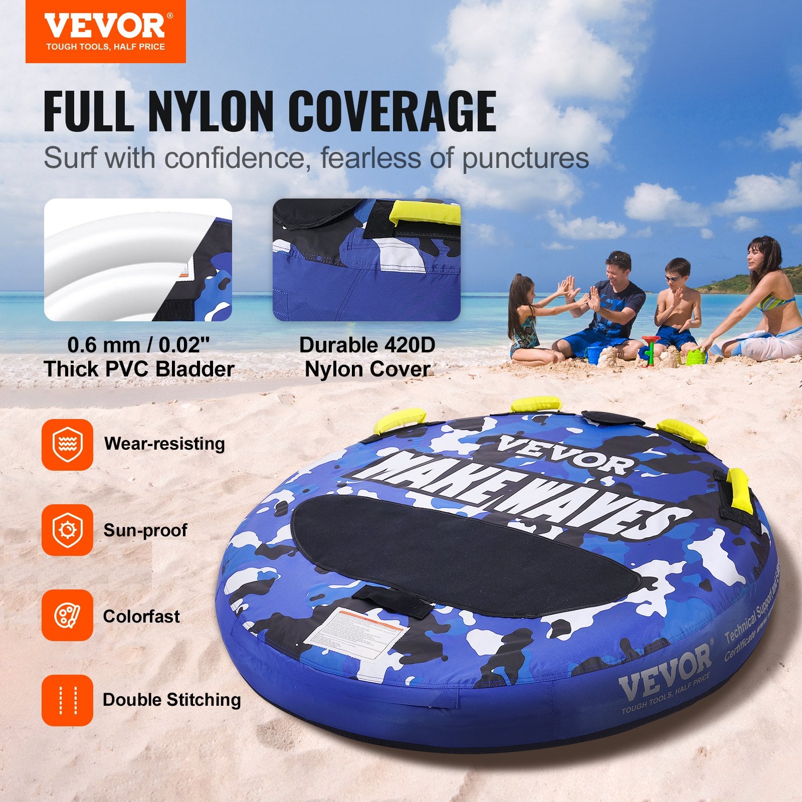 Towable Tube for Boating 1-2 Riders 340lbs 51.8in Full Nylon EVA Handles