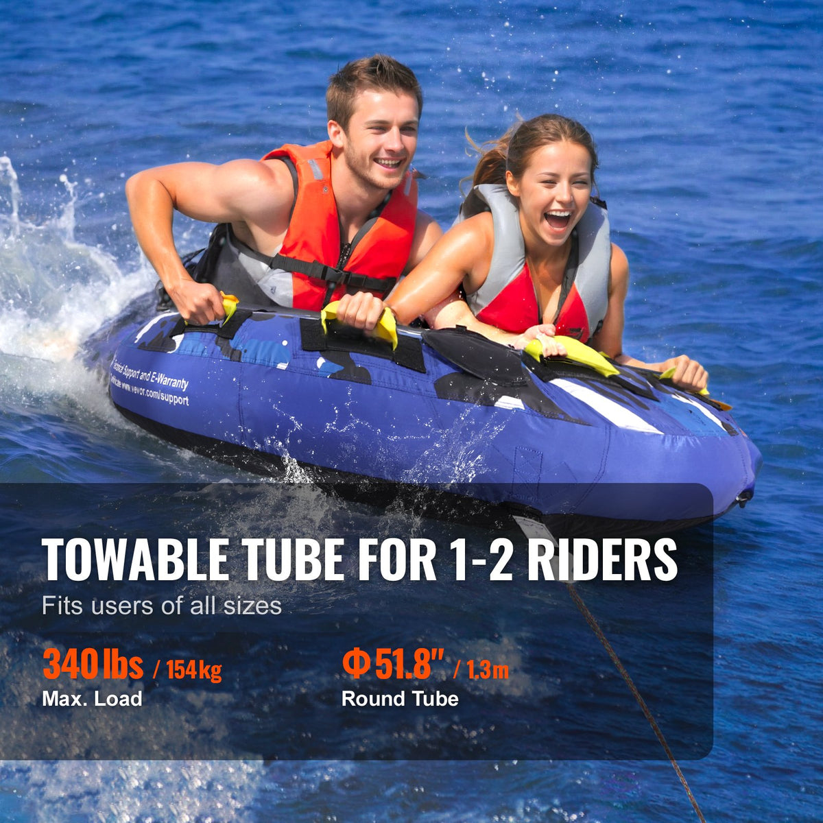 Towable Tube for Boating 1-2 Riders 340lbs 51.8in Full Nylon EVA Handles