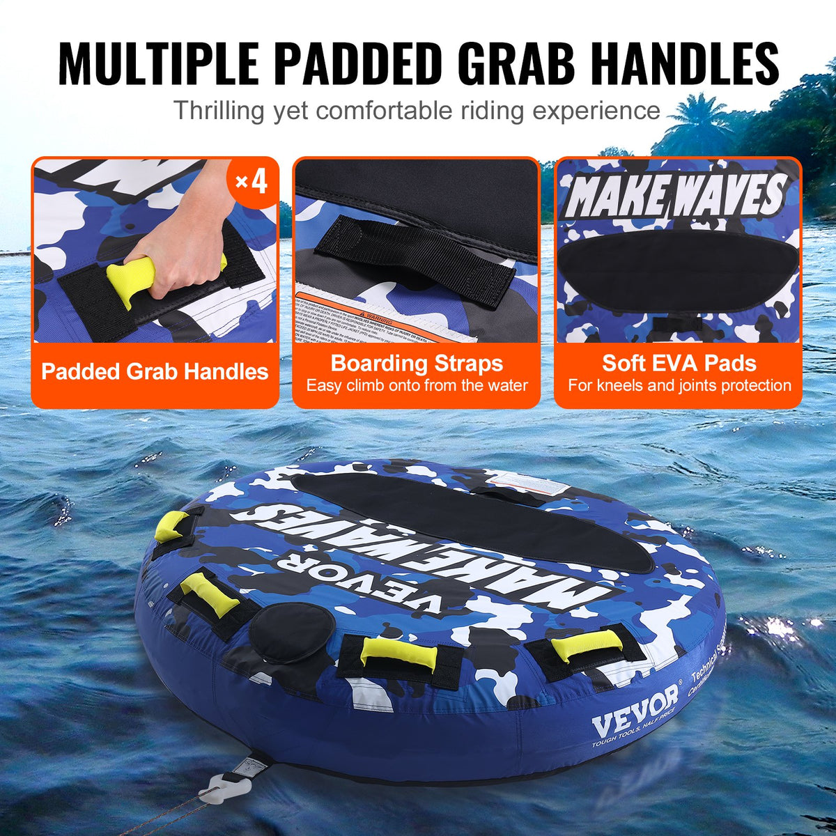 Towable Tube for Boating 1-2 Riders 340lbs 51.8in Full Nylon EVA Handles