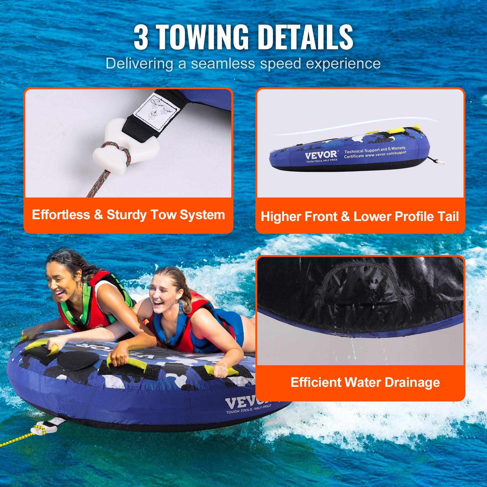 Towable Tube for Boating 1-2 Riders 340lbs 51.8in Full Nylon EVA Handles