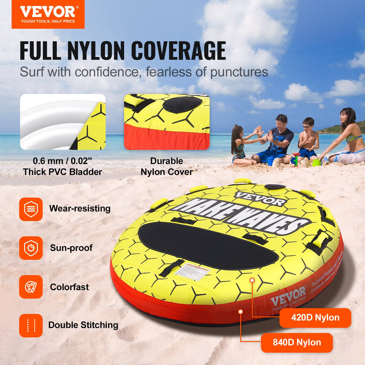 Towable Tube 1-3 Riders Inflatable 510lbs 63in Round Water Sport Nylon Handles