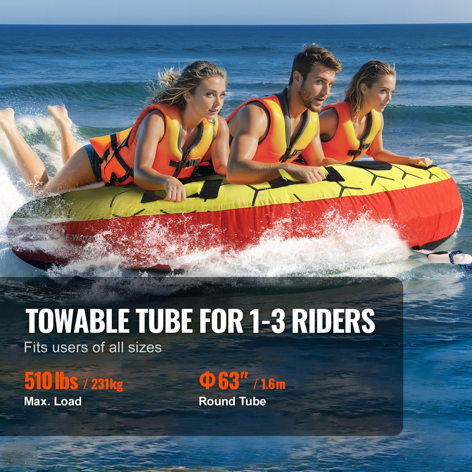 Towable Tube 1-3 Riders Inflatable 510lbs 63in Round Water Sport Nylon Handles