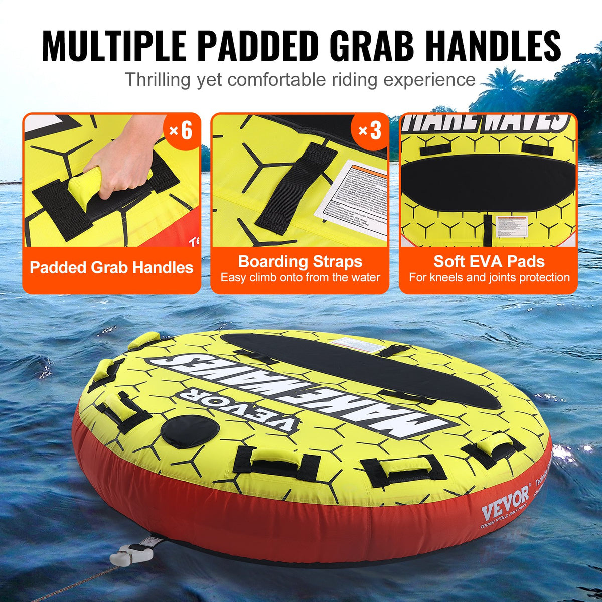 Towable Tube 1-3 Riders Inflatable 510lbs 63in Round Water Sport Nylon Handles