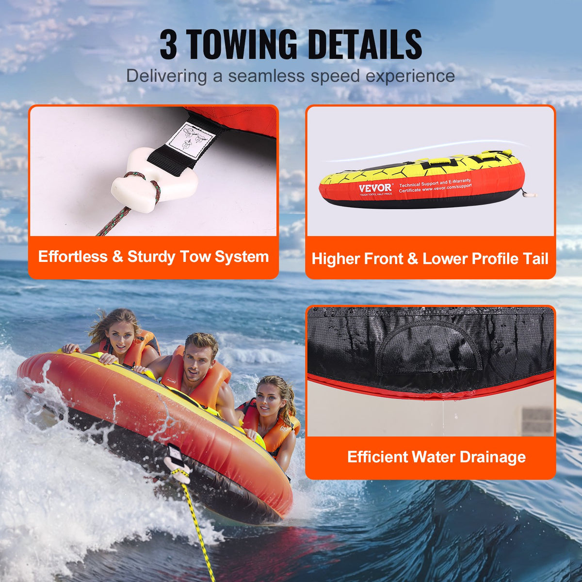 Towable Tube 1-3 Riders Inflatable 510lbs 63in Round Water Sport Nylon Handles