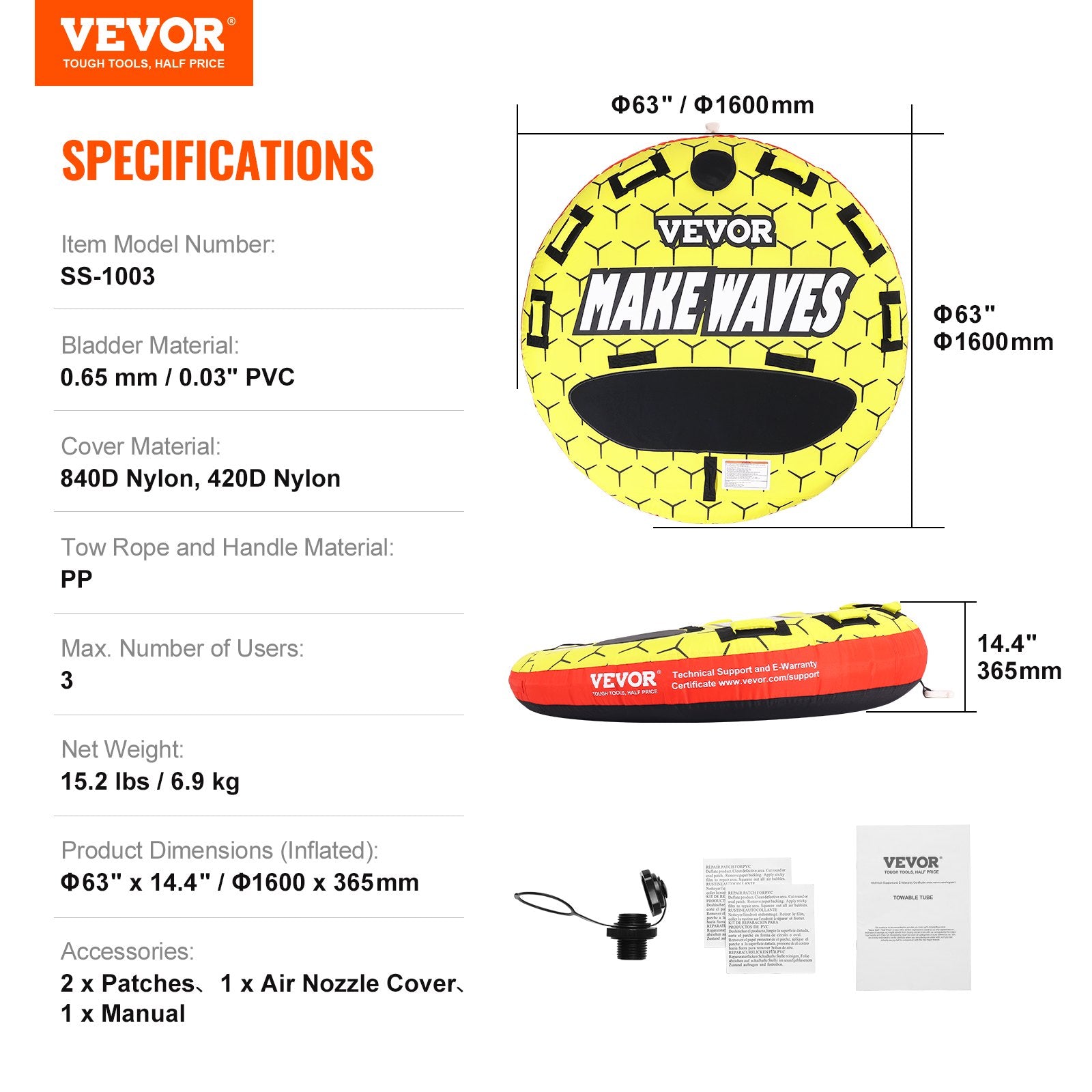 Towable Tube 1-3 Riders Inflatable 510lbs 63in Round Water Sport Nylon Handles