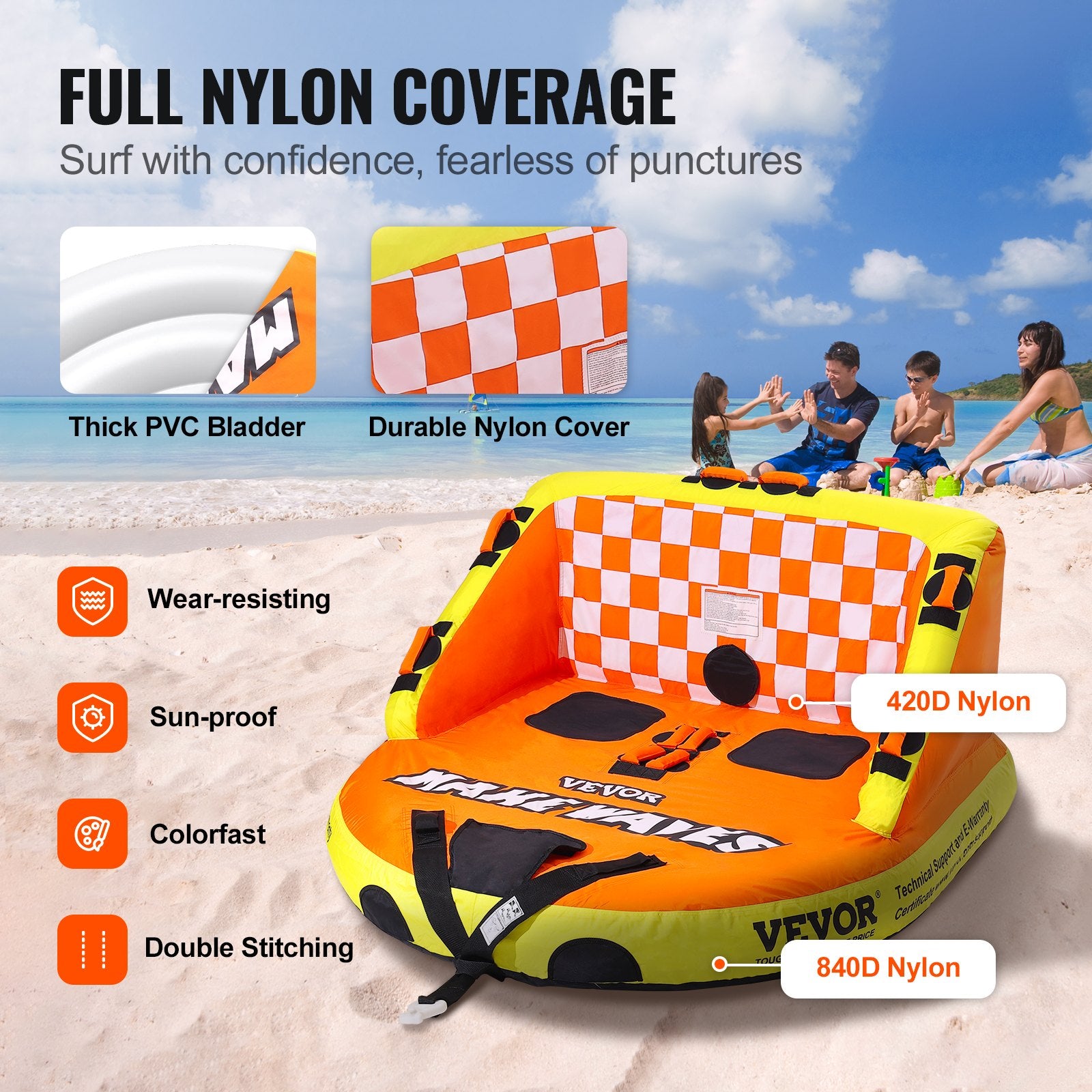 Inflatable Towable Tube for Boating 1-2 Riders with Backrest and Deck Seats