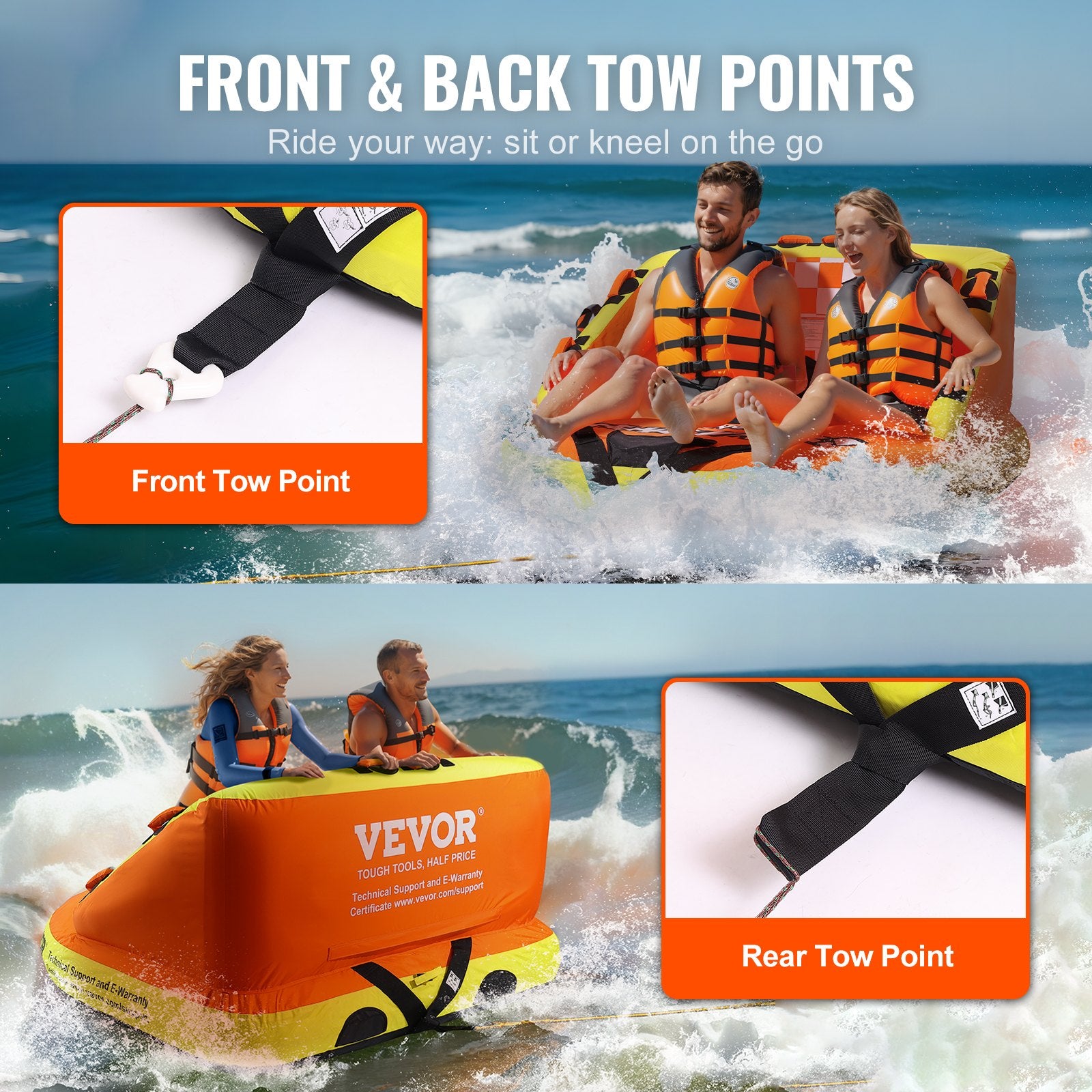 Inflatable Towable Tube for Boating 1-2 Riders with Backrest and Deck Seats