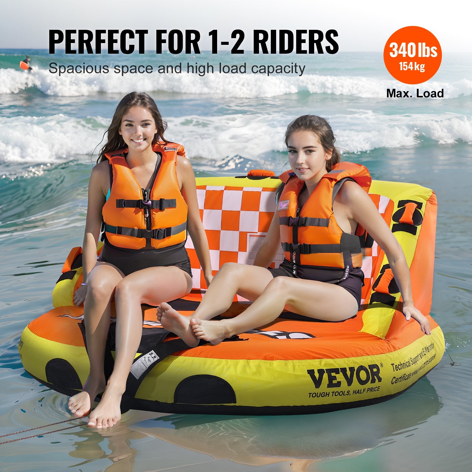 Inflatable Towable Tube for Boating 1-2 Riders with Backrest and Deck Seats