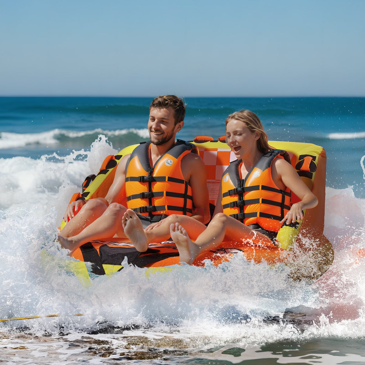 Inflatable Towable Tube for Boating 1-2 Riders with Backrest and Deck Seats