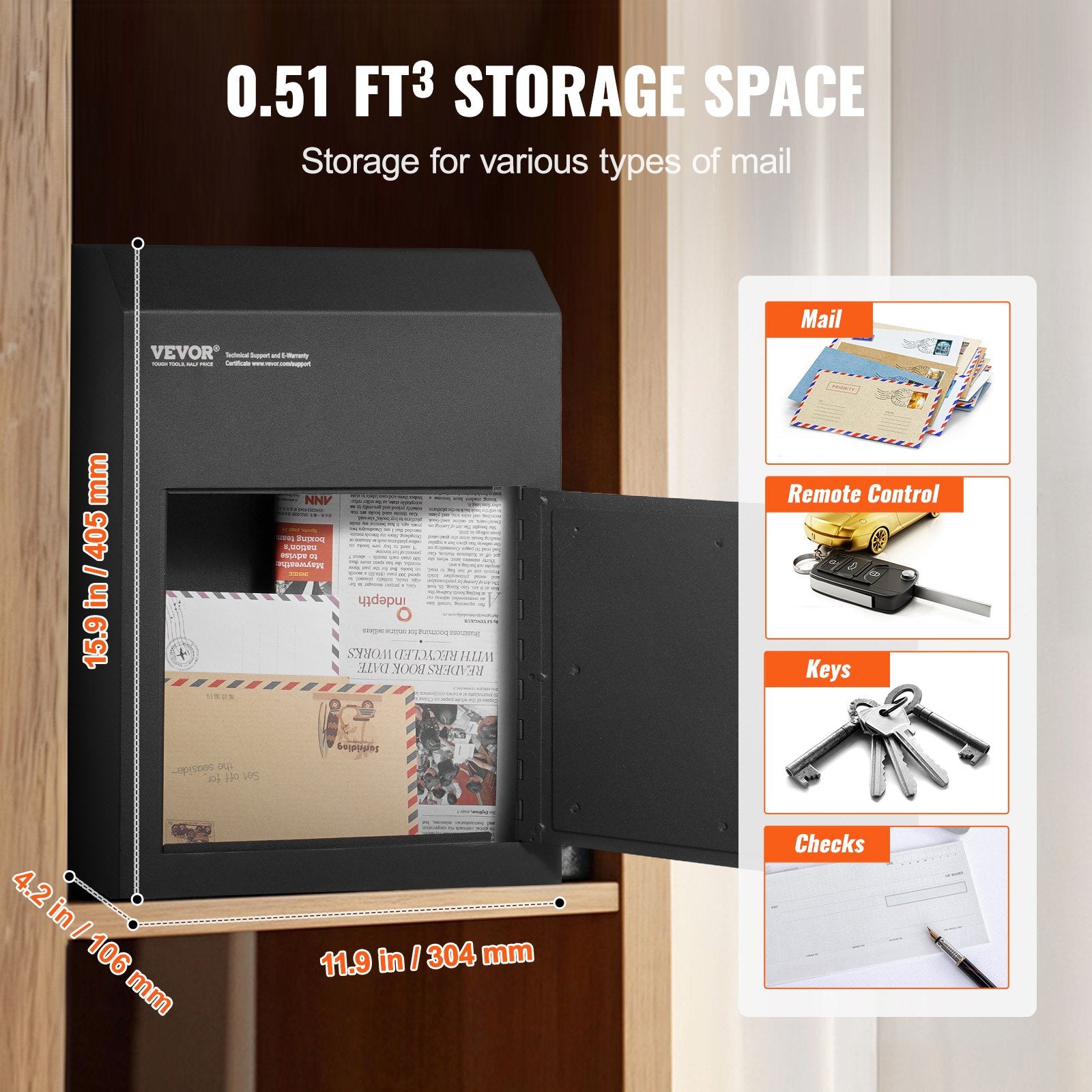 Through The Door Key Drop Box 12x6x16 in Heavy Duty Steel Black