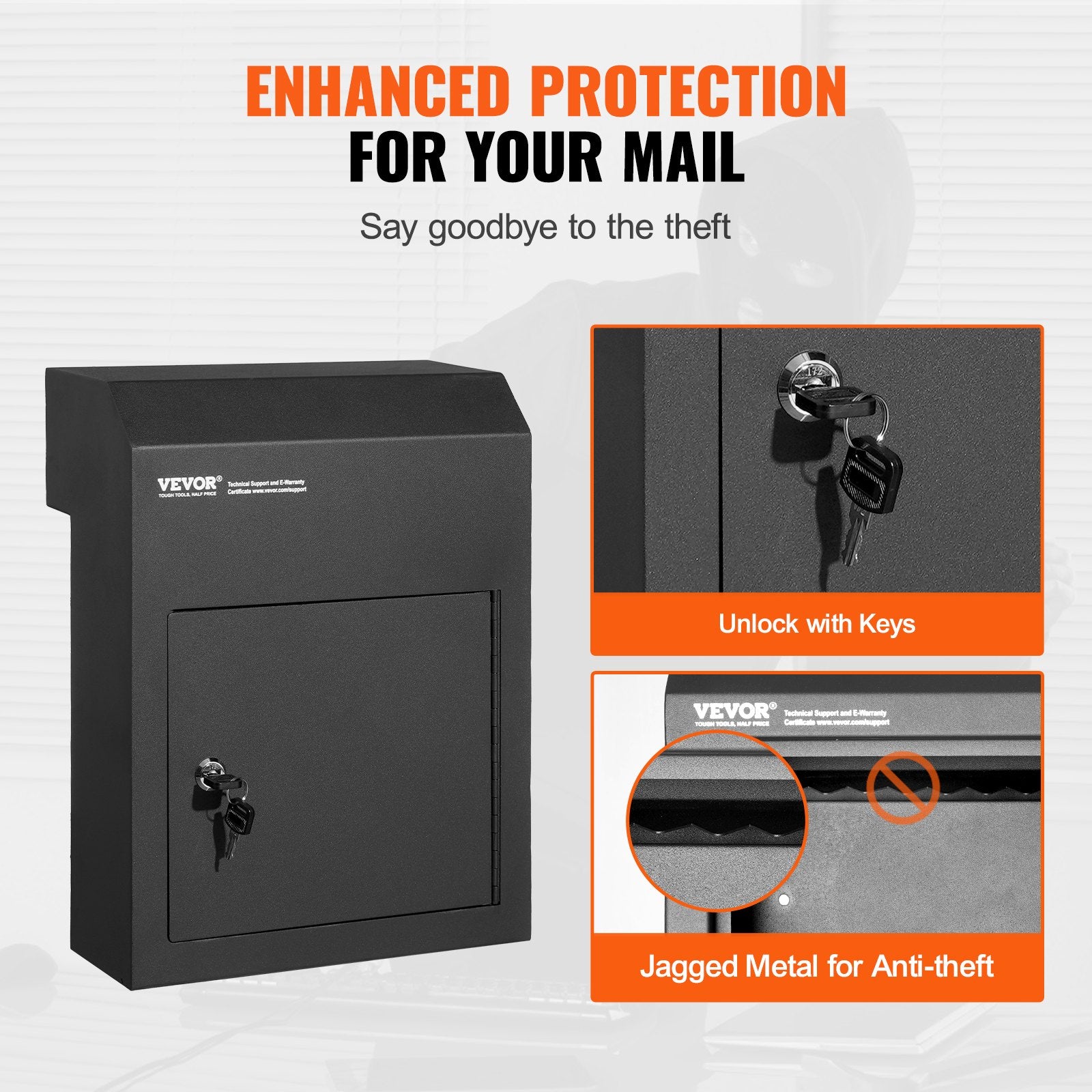 Through The Door Key Drop Box 12x6x16 in Heavy Duty Steel Black