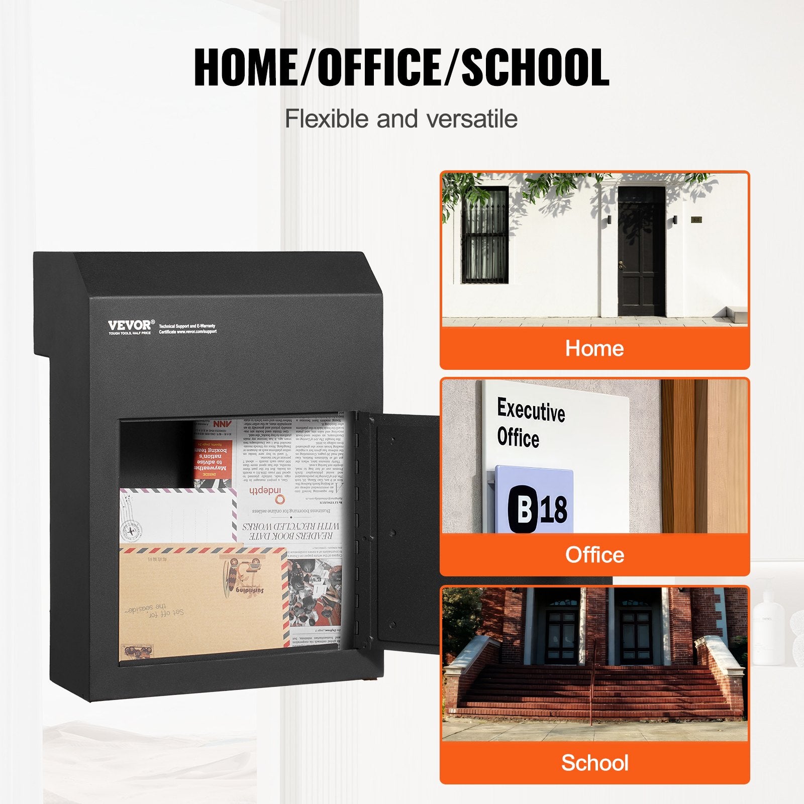 Through The Door Key Drop Box 12x6x16 in Heavy Duty Steel Black