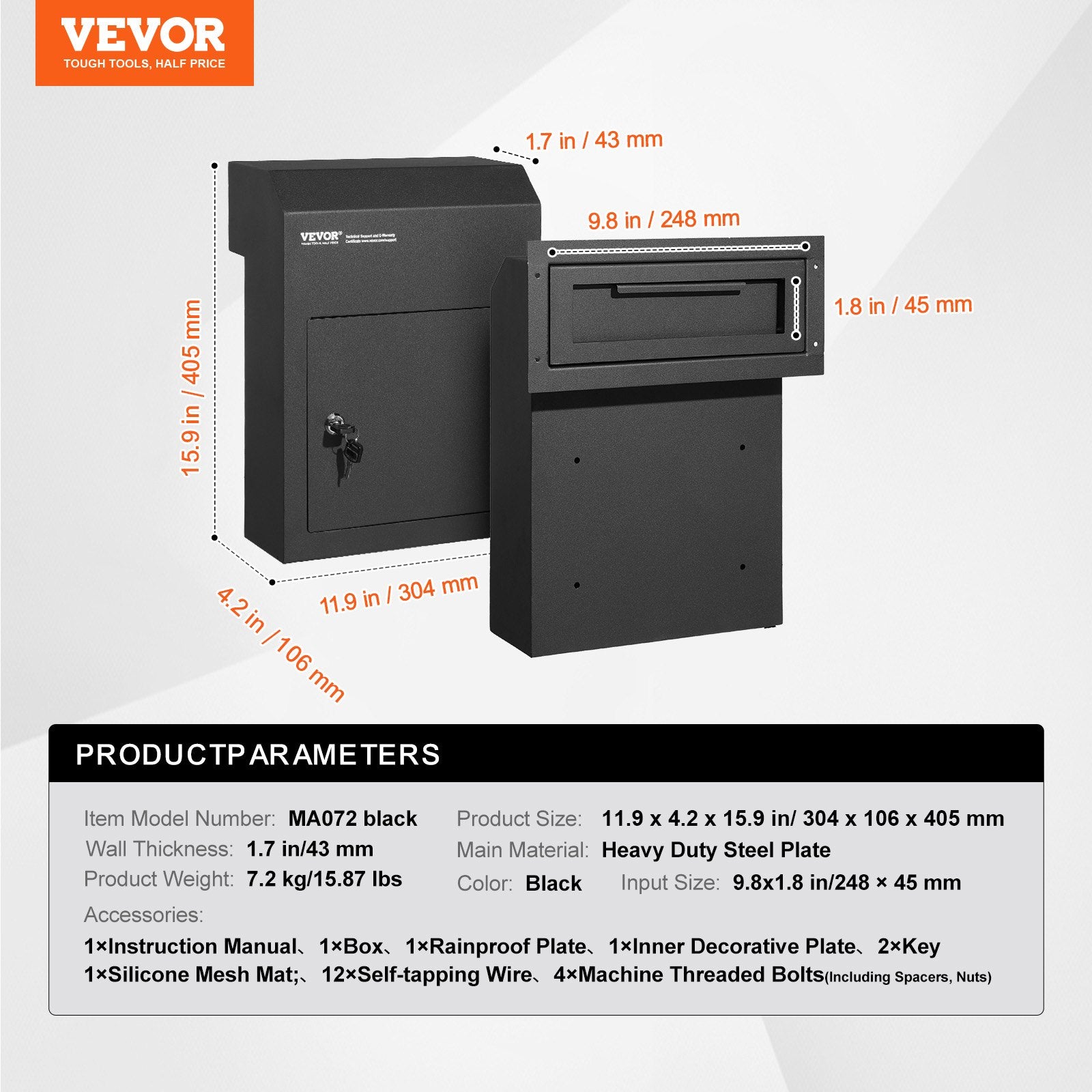 Through The Door Key Drop Box 12x6x16 in Heavy Duty Steel Black