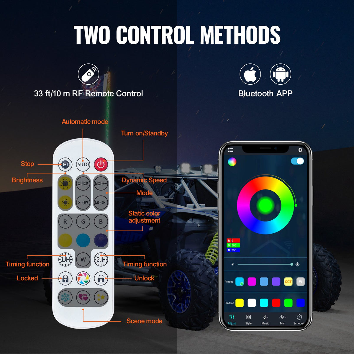 2PCS 5FT Whip Light RGB LED Waterproof Spiral with APP & RF Remote for UTV ATV