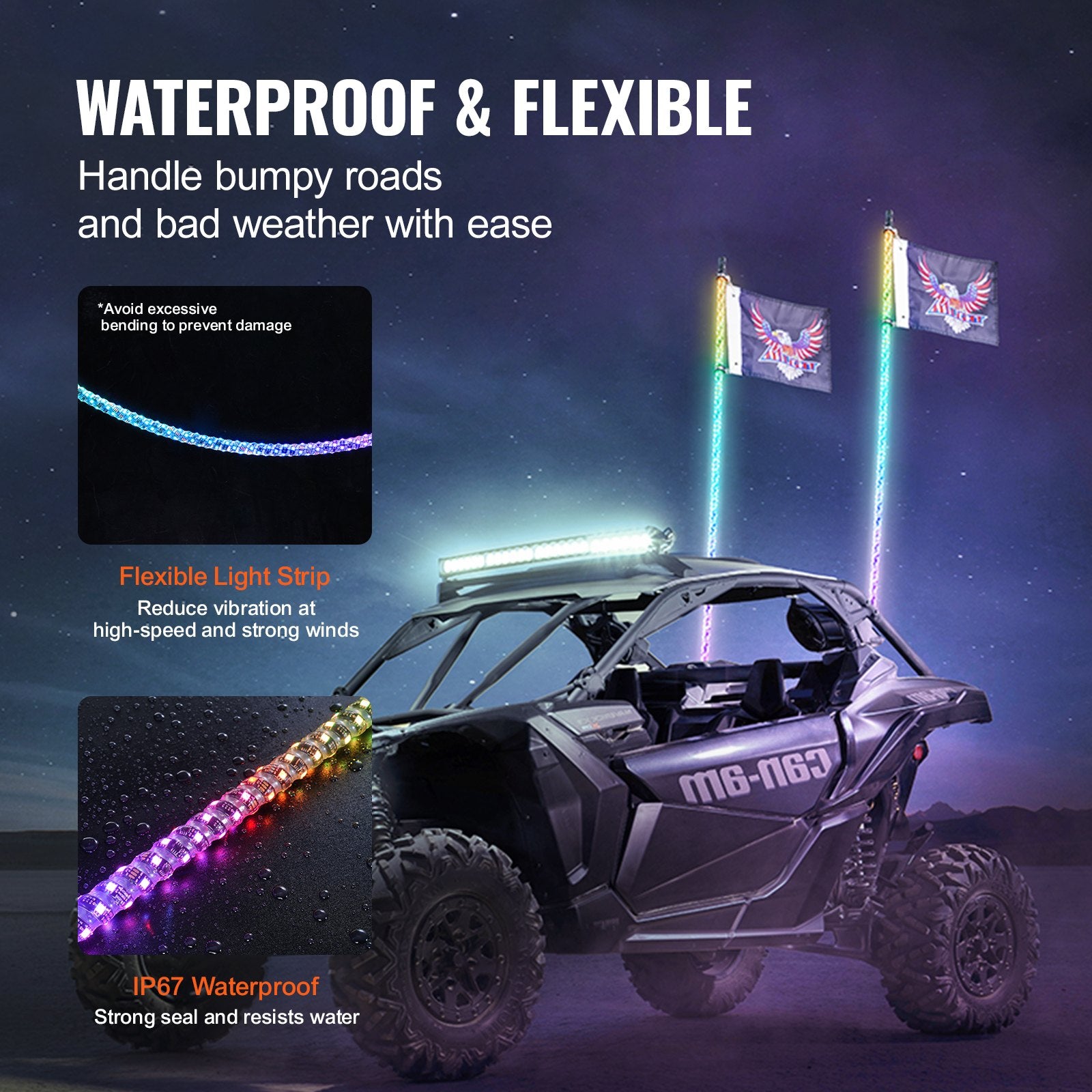 2PCS 5FT Whip Light RGB LED Waterproof Spiral with APP & RF Remote for UTV ATV