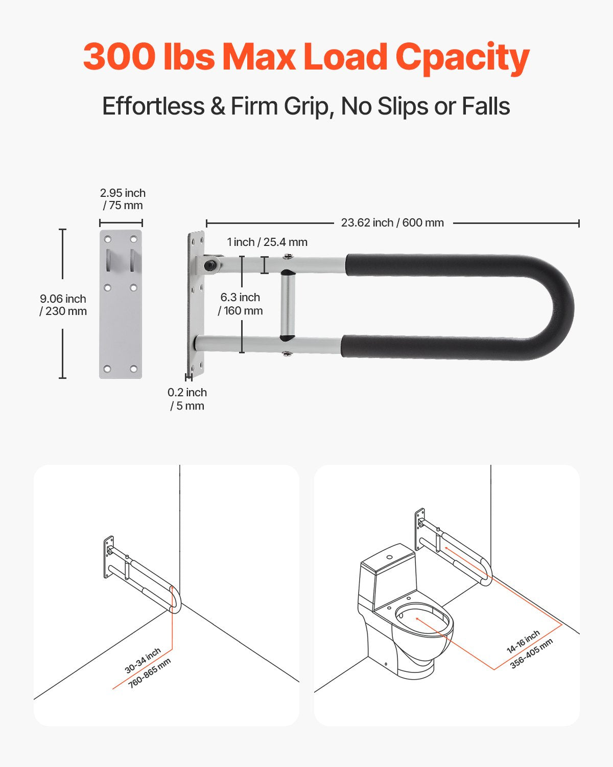 Foldable Toilet Safety Rail 60.5cm U-Shaped Grab Bar Anti-Slip 136kg Capacity