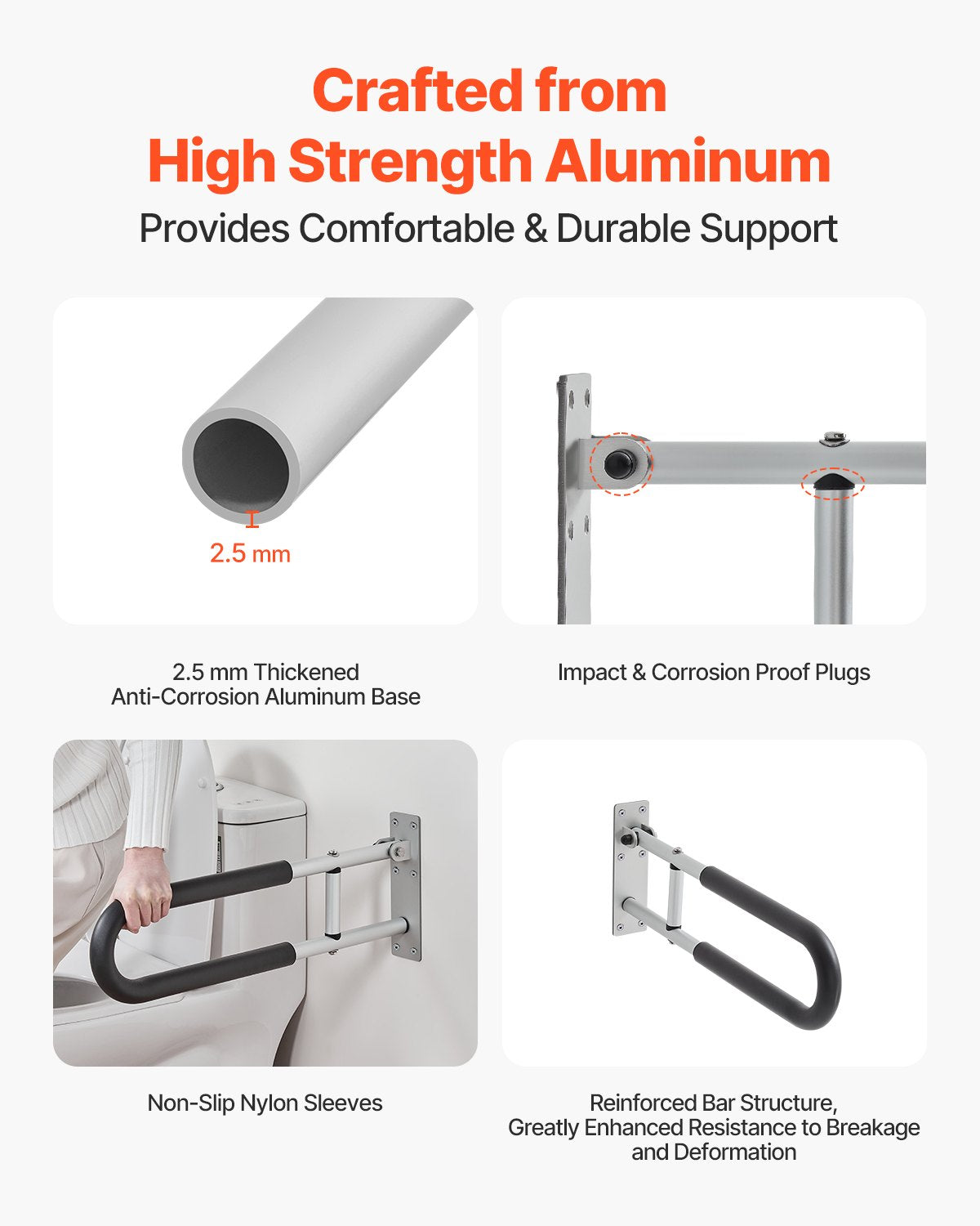 Foldable Toilet Safety Rail 60.5cm U-Shaped Grab Bar Anti-Slip 136kg Capacity