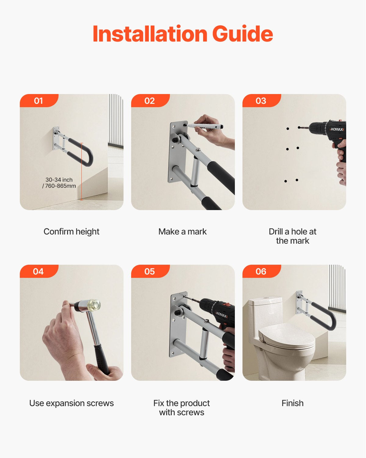 Foldable Toilet Safety Rail 60.5cm U-Shaped Grab Bar Anti-Slip 136kg Capacity