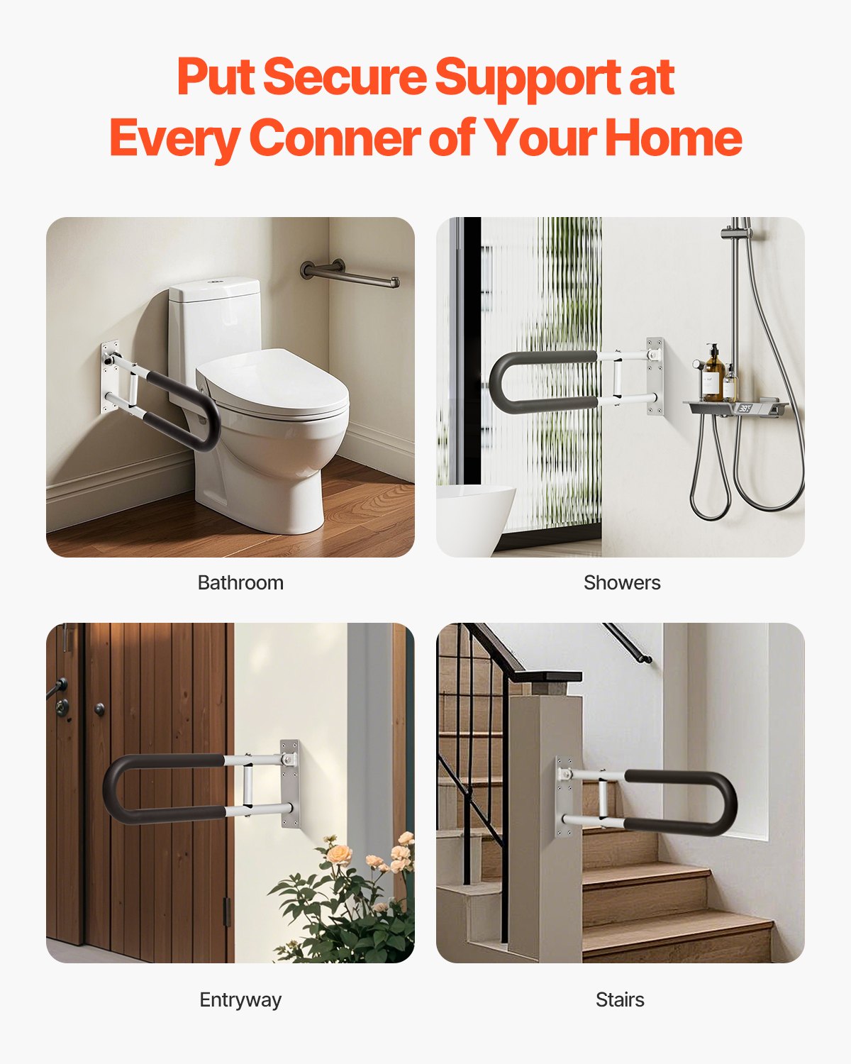 Foldable Toilet Safety Rail 60.5cm U-Shaped Grab Bar Anti-Slip 136kg Capacity