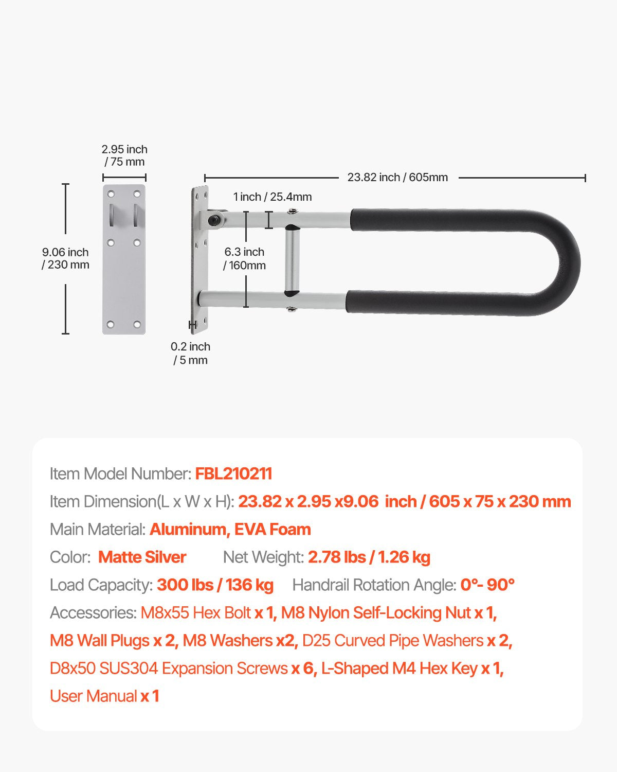 Foldable Toilet Safety Rail 60.5cm U-Shaped Grab Bar Anti-Slip 136kg Capacity