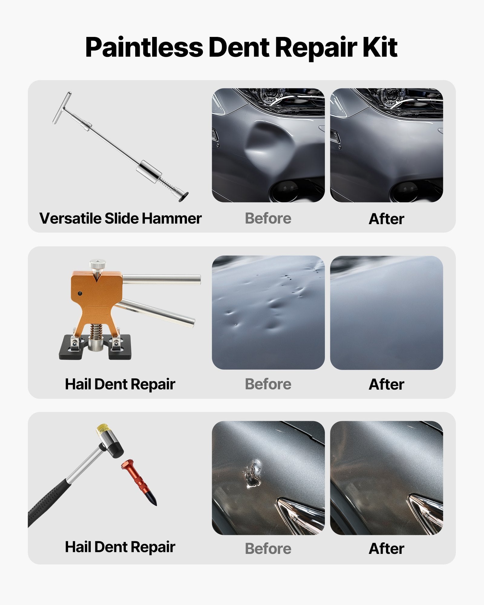 61 PCS Paintless Dent Puller Kit with Golden Lifter, Slide Hammer and Glue Gun