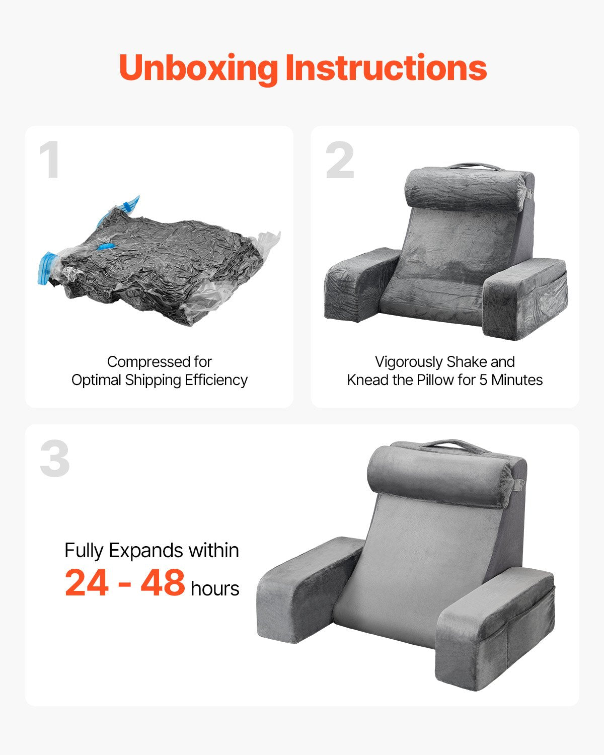 Reading Pillow, Backrest Support with Arm, 3 Pockets, Large, Grey