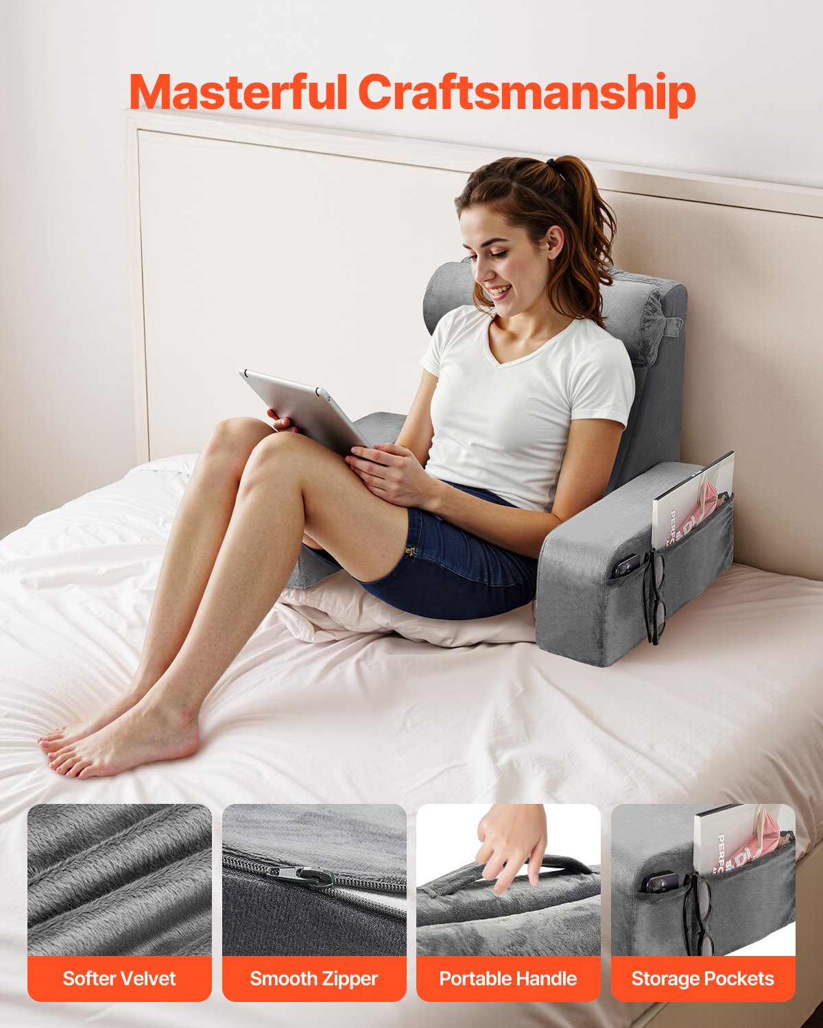 Reading Pillow, Backrest Support with Arm, 3 Pockets, Large, Grey