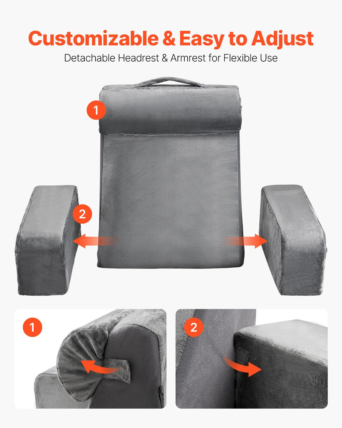Reading Pillow, Backrest Support with Arm, 3 Pockets, Large, Grey