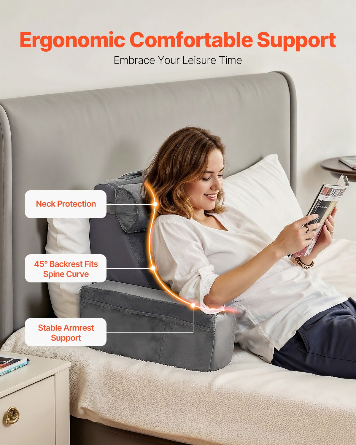 Reading Pillow, Backrest Support with Arm, 3 Pockets, Large, Grey