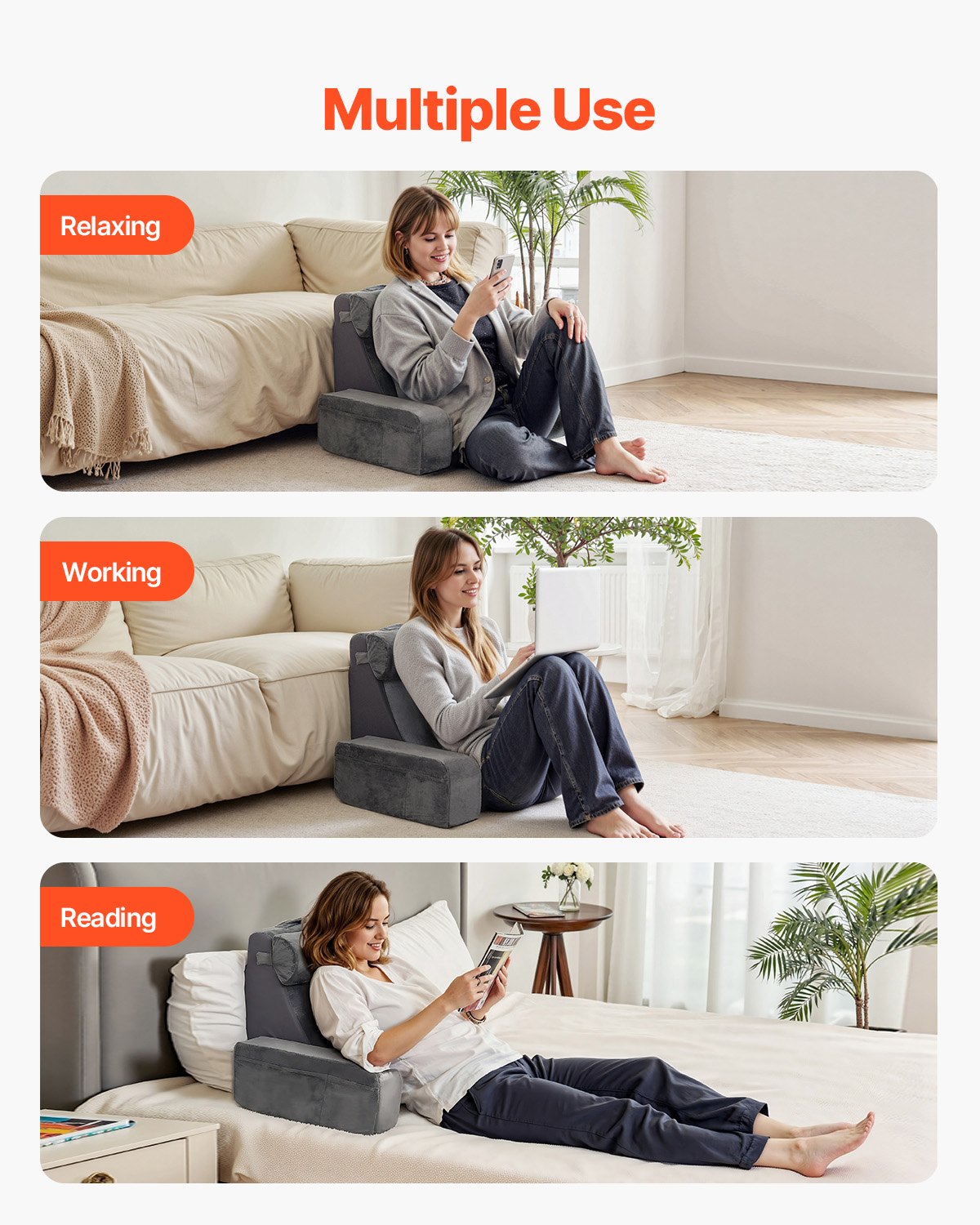 Reading Pillow, Backrest Support with Arm, 3 Pockets, Large, Grey