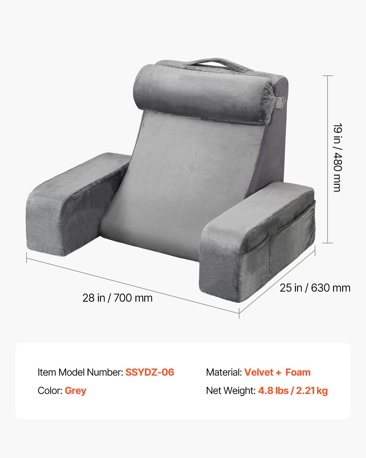 Reading Pillow, Backrest Support with Arm, 3 Pockets, Large, Grey