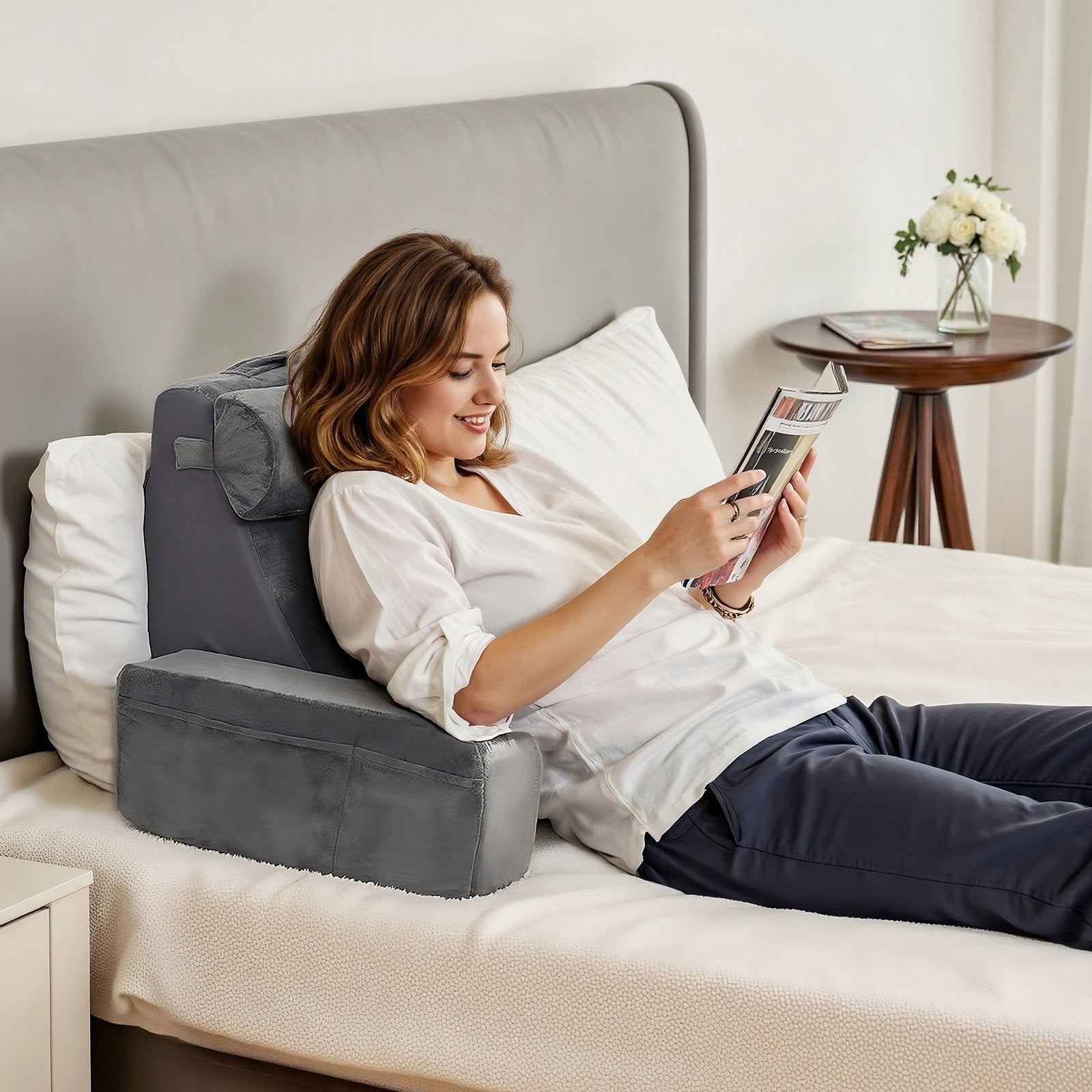 Reading Pillow, Backrest Support with Arm, 3 Pockets, Large, Grey