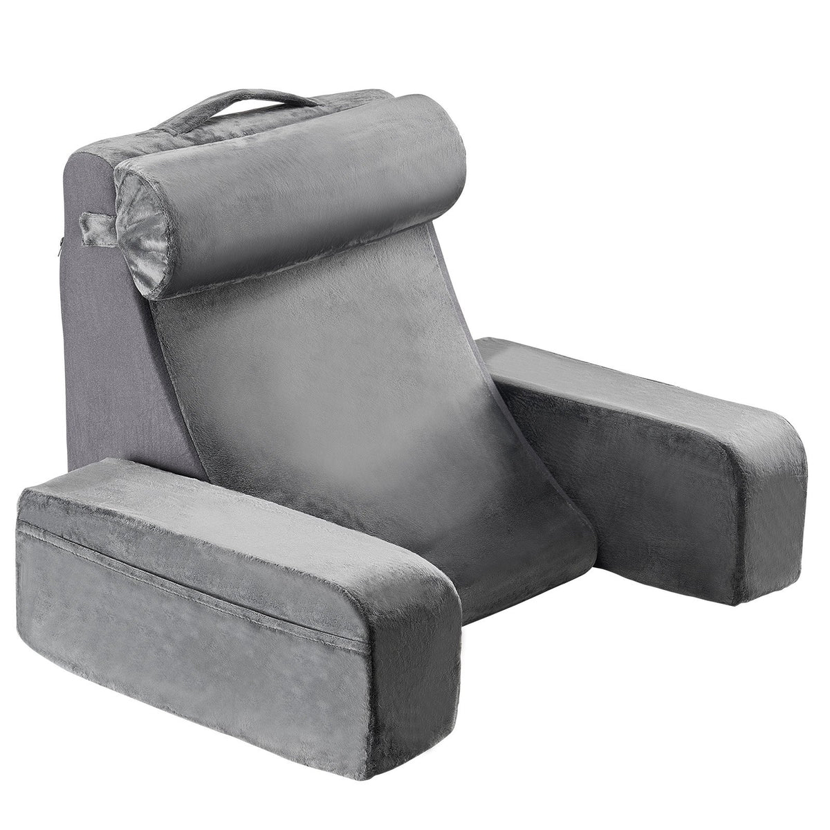 Reading Pillow, Backrest Support with Arm, 3 Pockets, Large, Grey