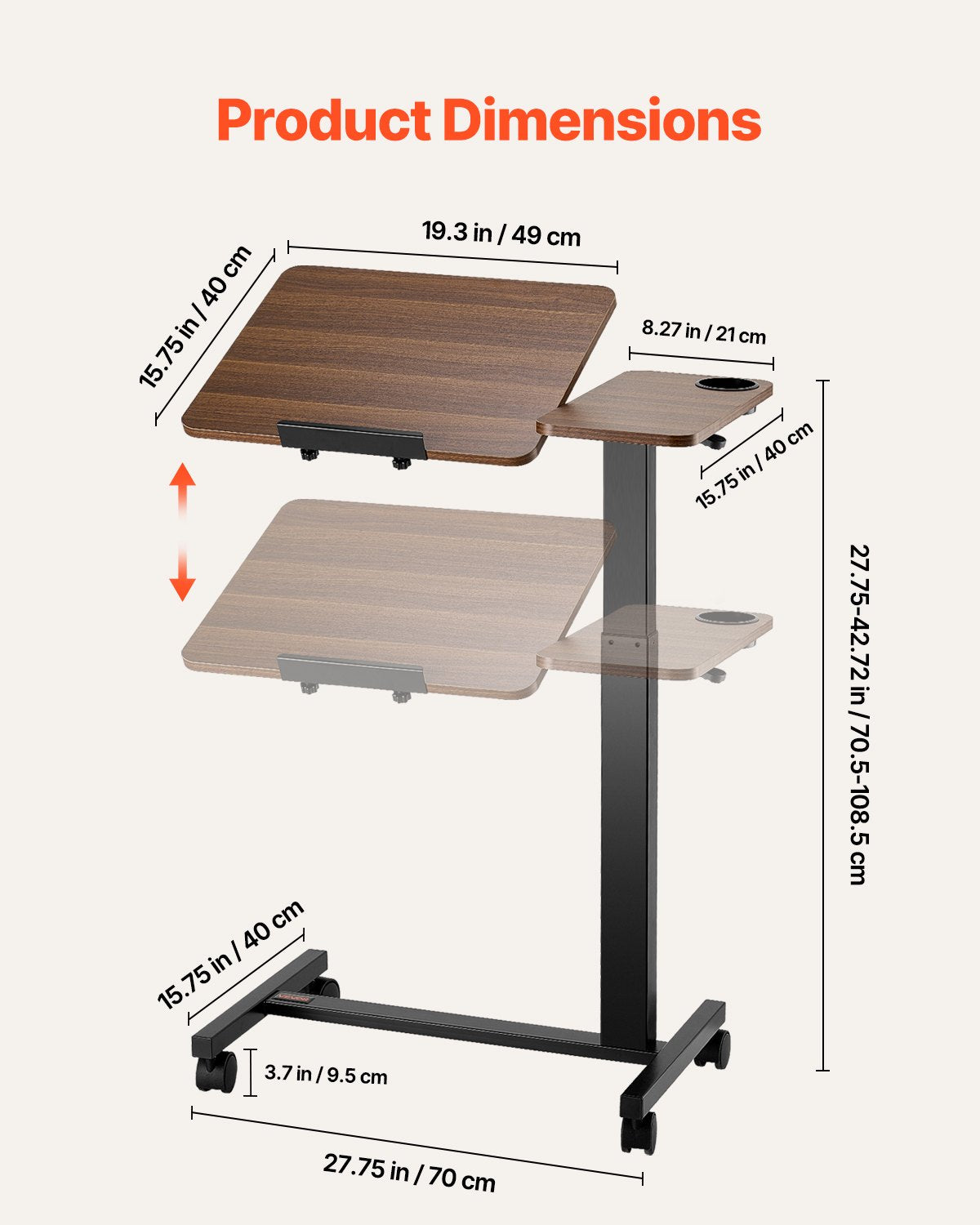 Overbed Table Mobile Bedside Flip Desktop 4 Wheels Height Adjustable Wood Black