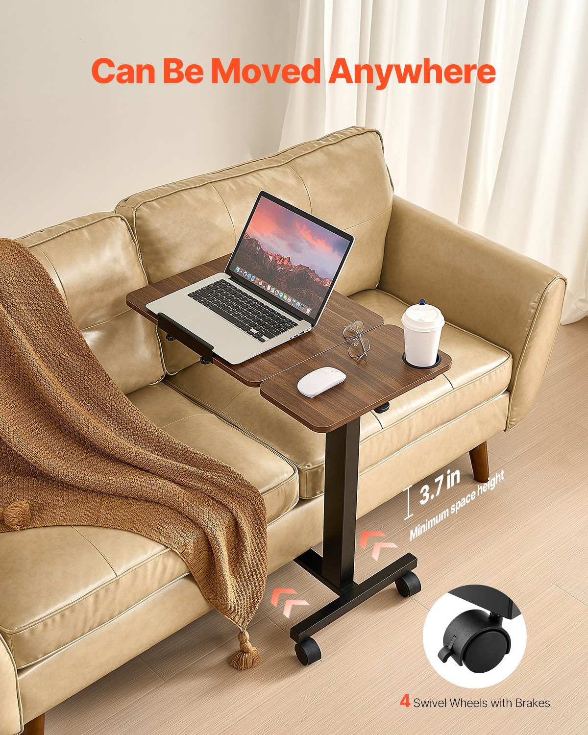 Overbed Table Mobile Bedside Flip Desktop 4 Wheels Height Adjustable Wood Black