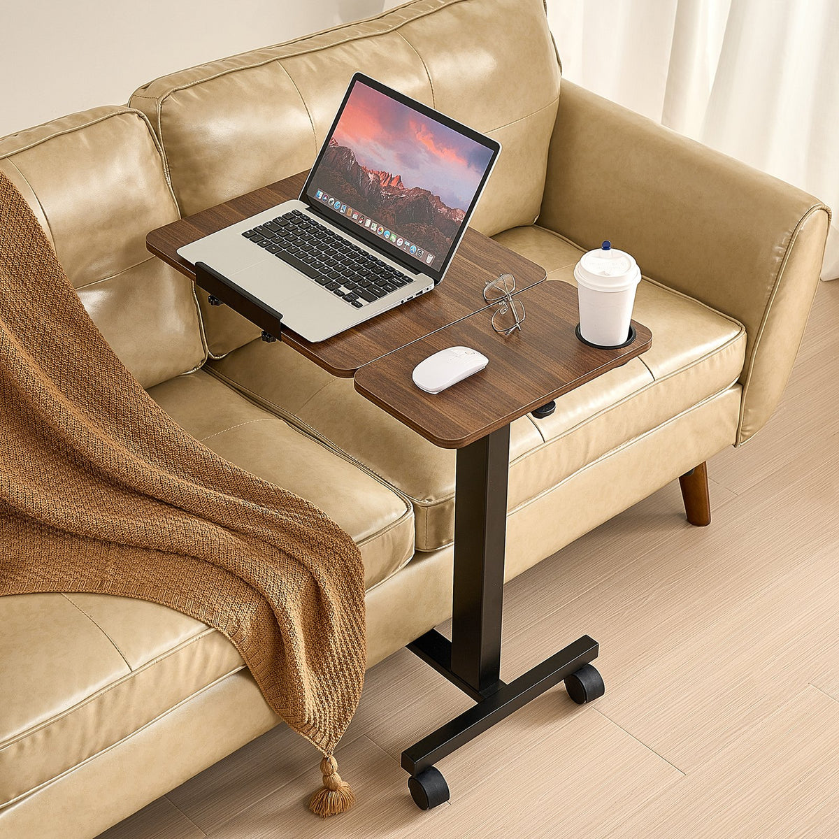 Overbed Table Mobile Bedside Flip Desktop 4 Wheels Height Adjustable Wood Black