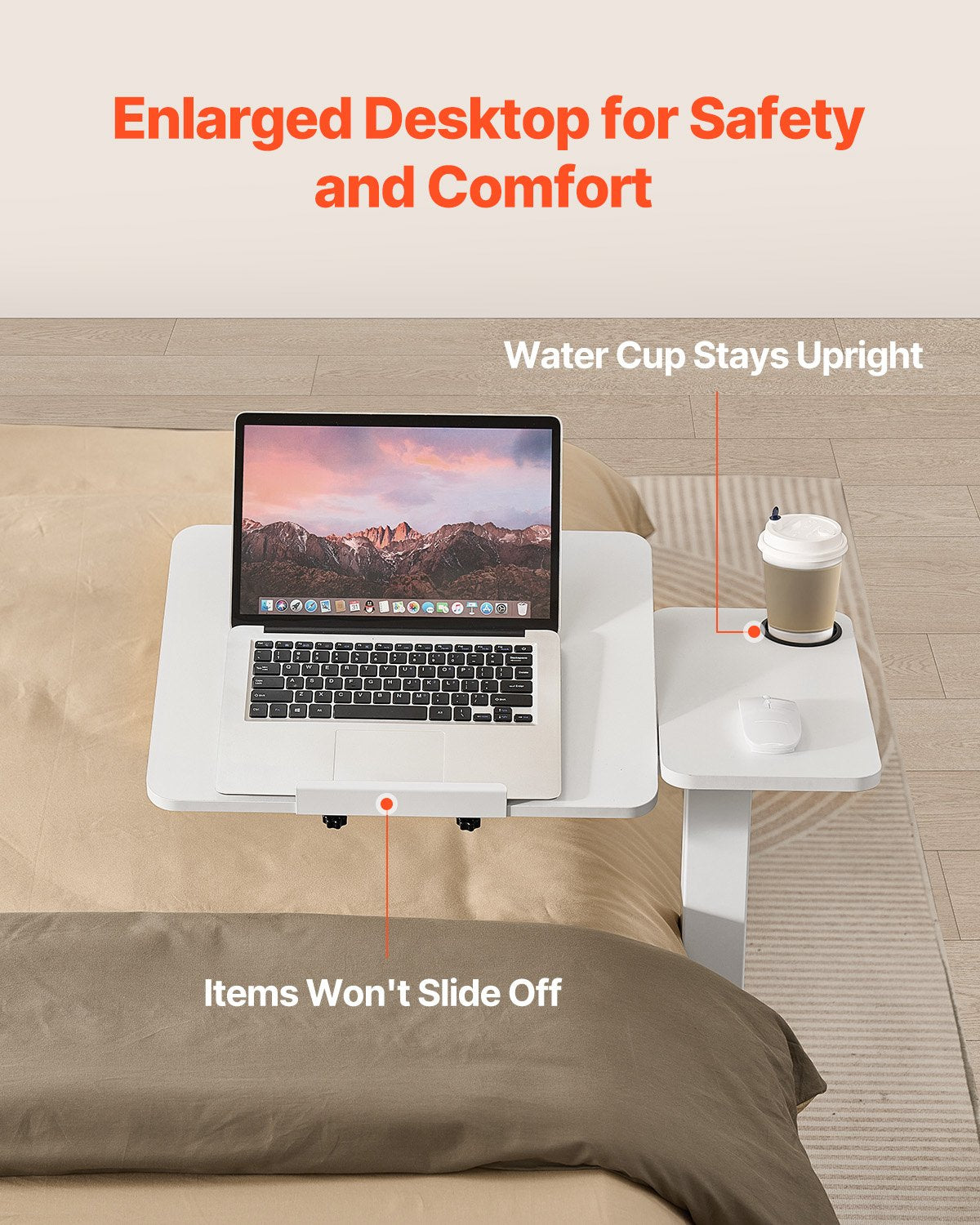 Overbed Table Mobile Bedside Flip Desktop 4 Hidden Wheels Adjustable White