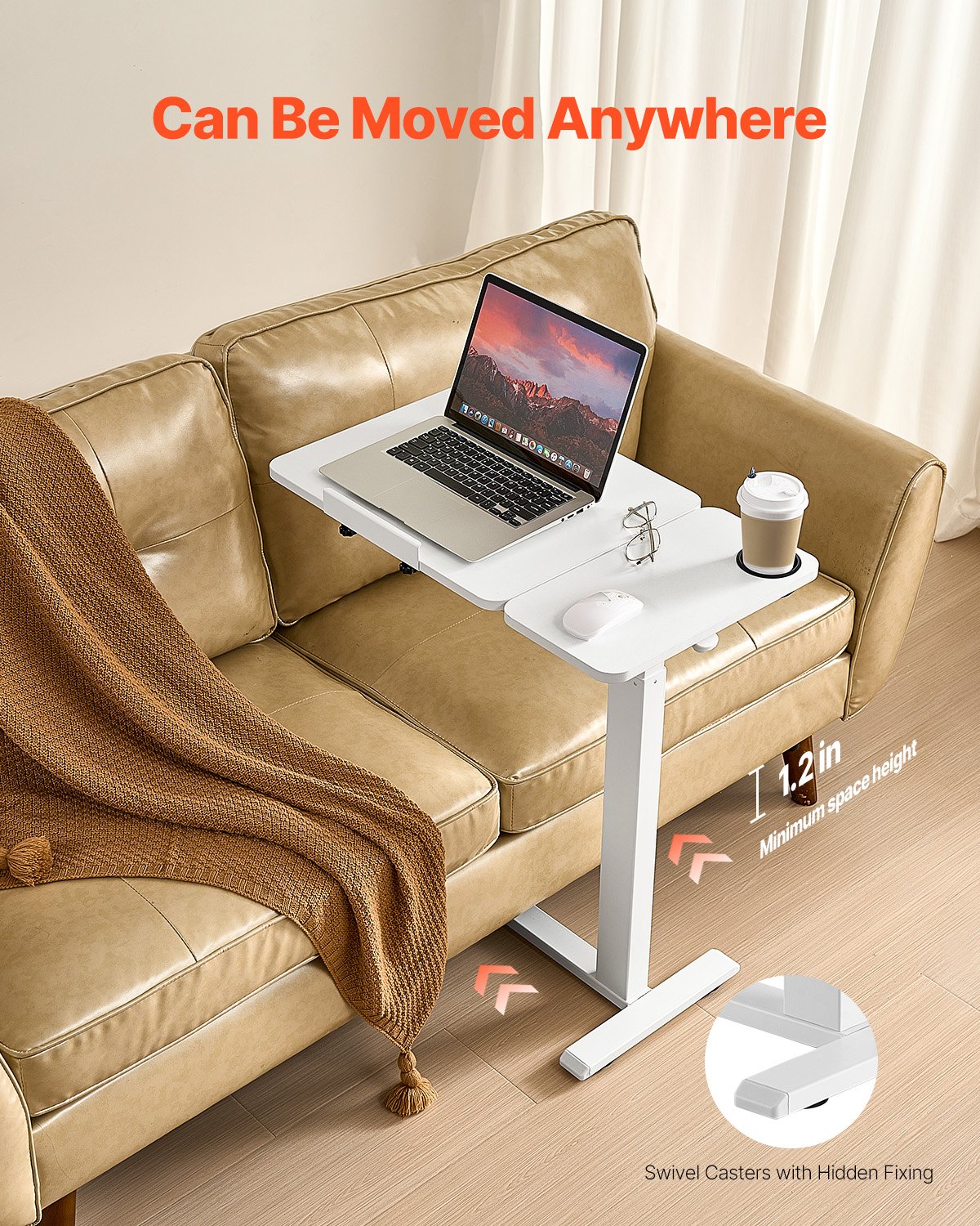 Overbed Table Mobile Bedside Flip Desktop 4 Hidden Wheels Adjustable White