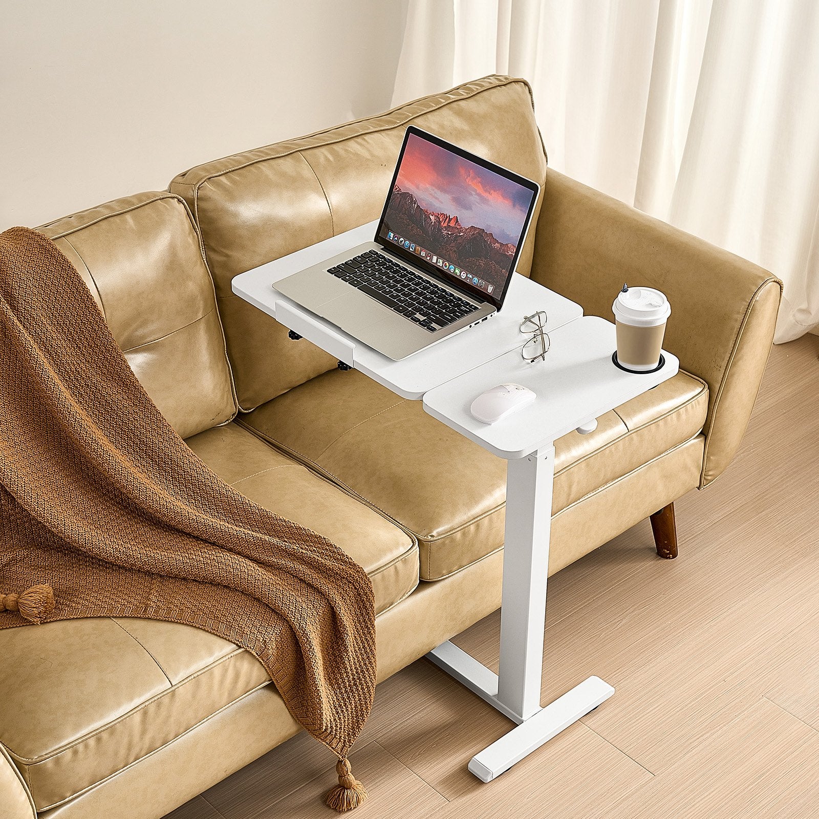 Overbed Table Mobile Bedside Flip Desktop 4 Hidden Wheels Adjustable White