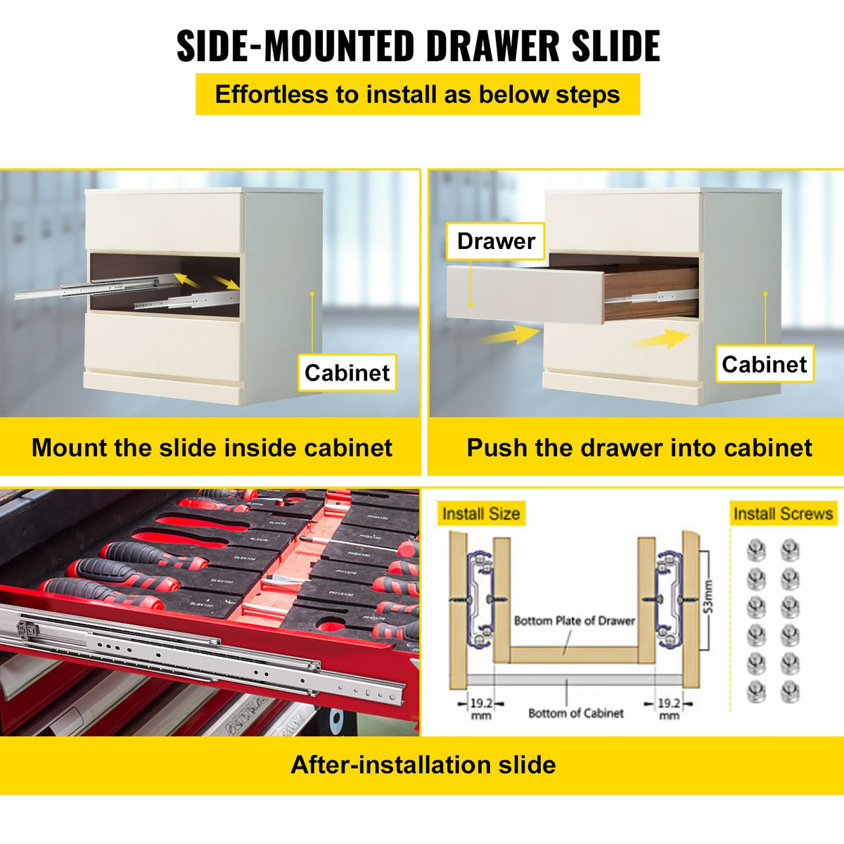 Drawer Slides, 1 Pair 34 Inch Heavy Duty Ball Bearing Side Mount, 500 LBS Load