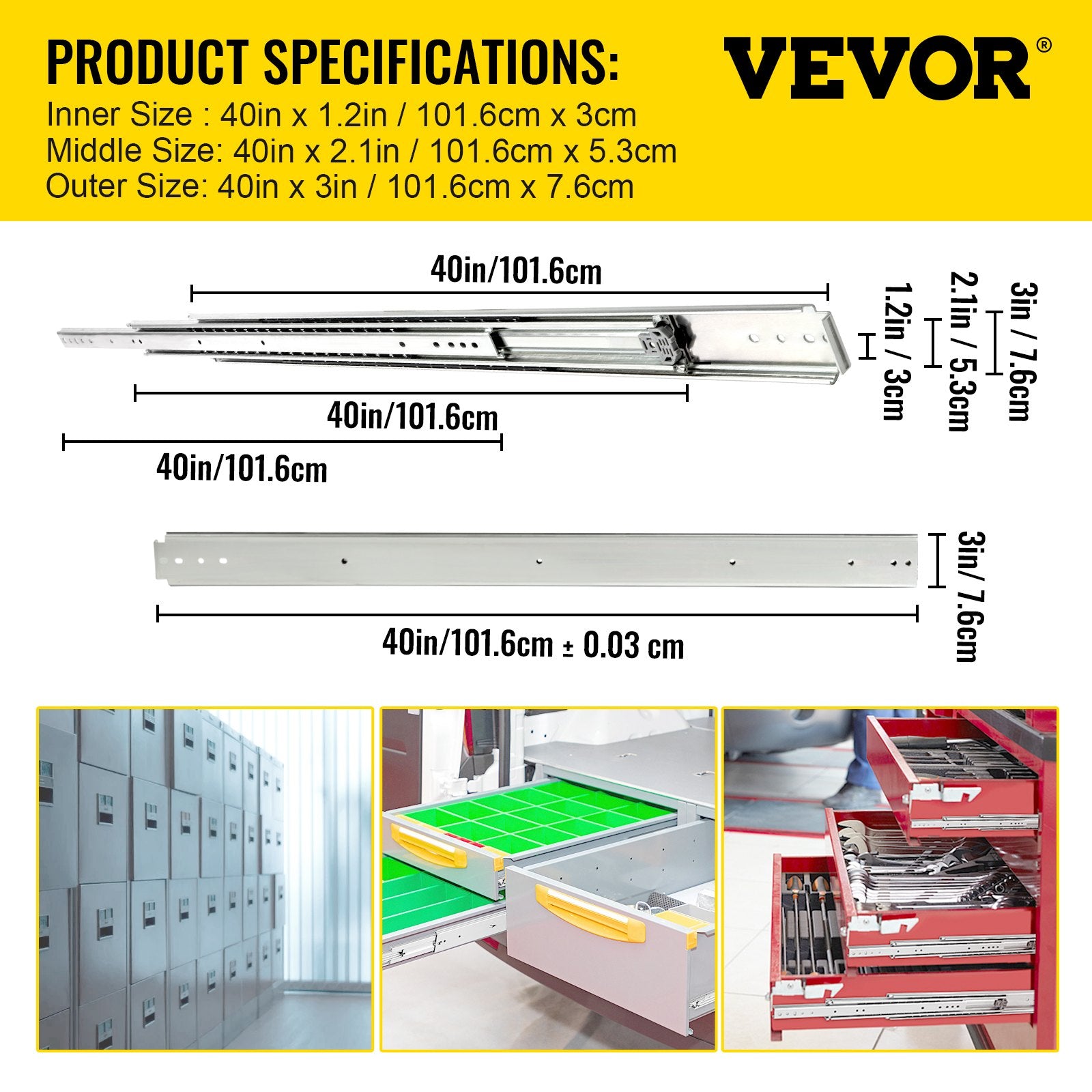 Drawer Slides, 1 Pair 40 Inch Heavy Duty Ball Bearing Side Mount, 500 LBS Load