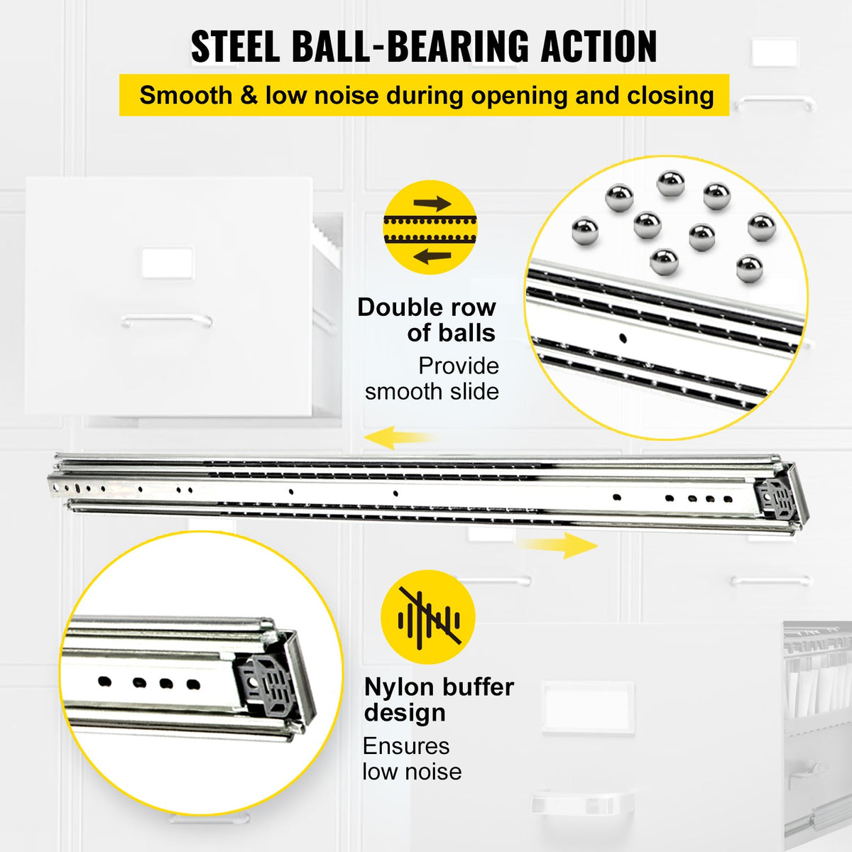 Drawer Slides, 1 Pair 42 Inch Heavy Duty Ball Bearing Side Mount, 500 LBS Load